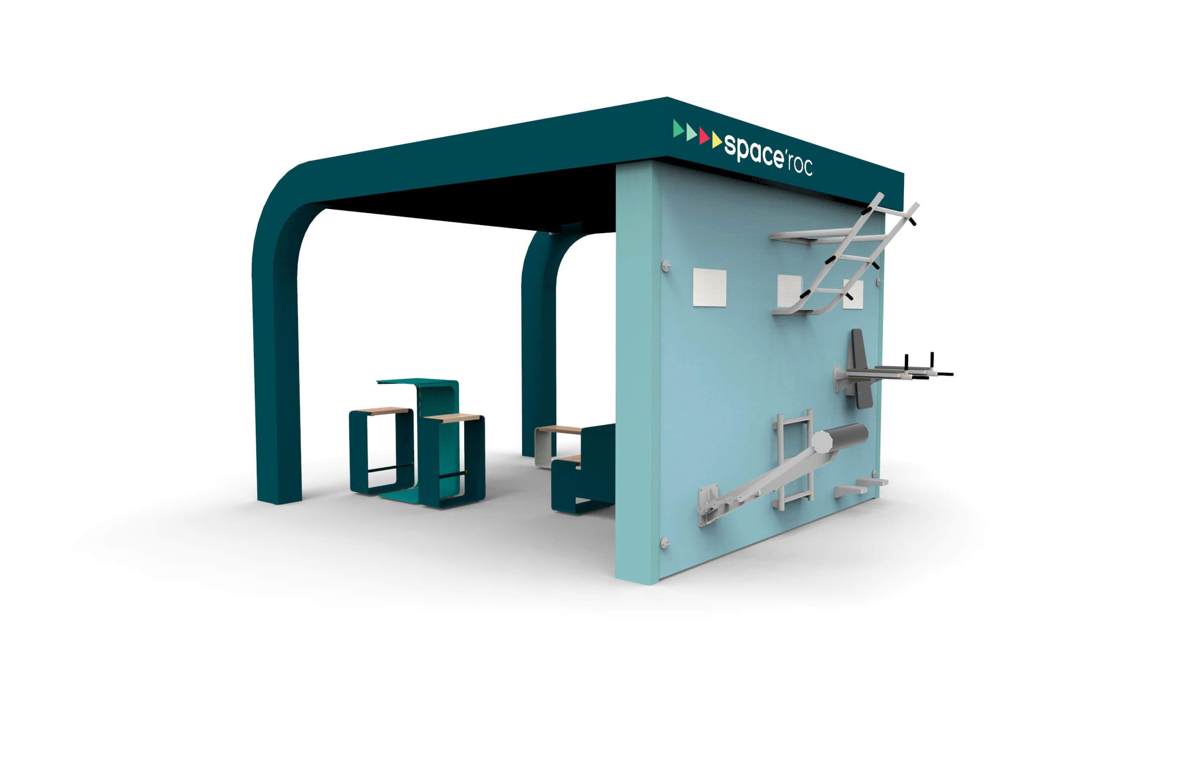 Modulares System von SpaceRoc mit Fitnessgeräten und Büroeinrichtung in Blau und Türkis