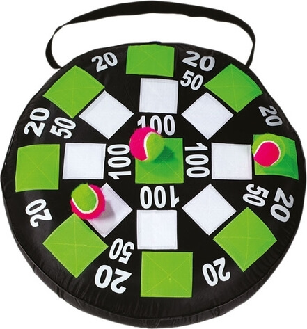 Rundes Spielziel mit Klettbällen, grünen und weißen Feldern und verschiedenen Punktzahlen