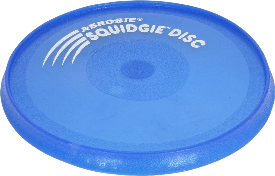 Nahaufnahme einer blauen Squidgie Disc Wurfscheibe aus flexiblem Kunststoff