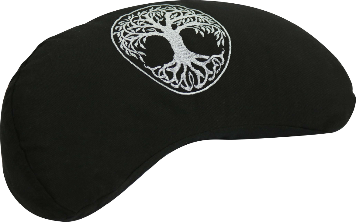 Schwarzes Meditationskissen mit eingesticktem Lebensbaum-Motiv, abgerundete Form