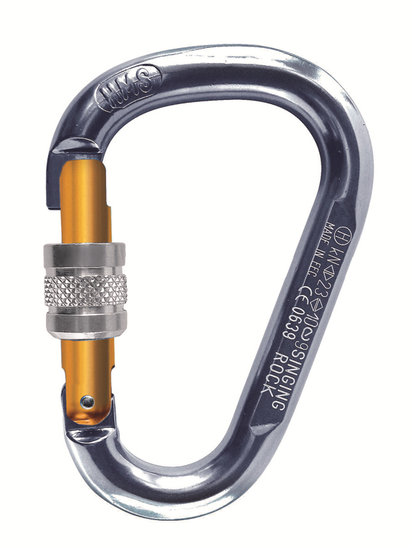 Silberner HMS-Karabiner mit goldener Schraubsicherung, ideal für Klettersport.