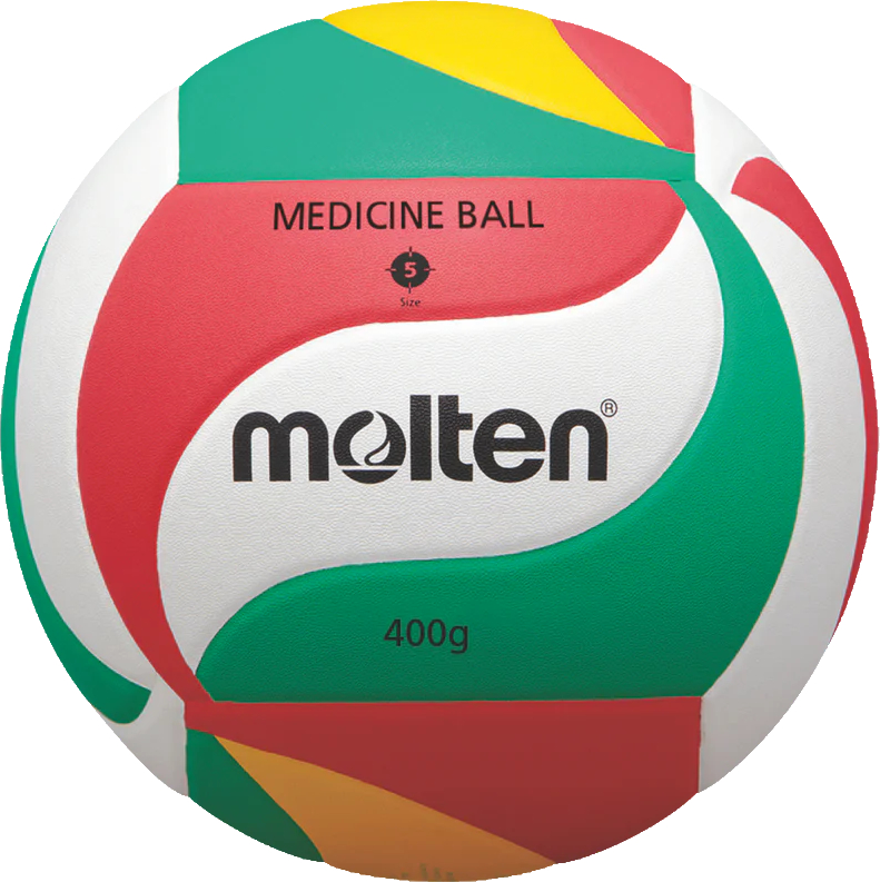 Bunter Molten Medizinball, 400g, Größe 5, mit auffälligem Design aus Rot, Grün und Gelb.