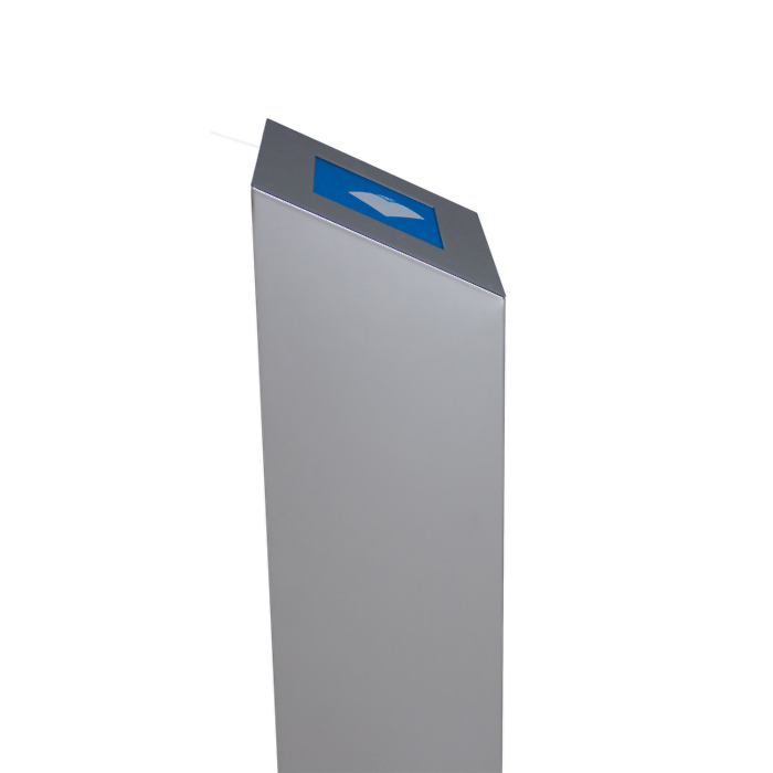 Schlanker Kiosk-Terminal mit blauem Touchscreen-Display und futuristischem Design, ideal für interaktive Informationsstände.