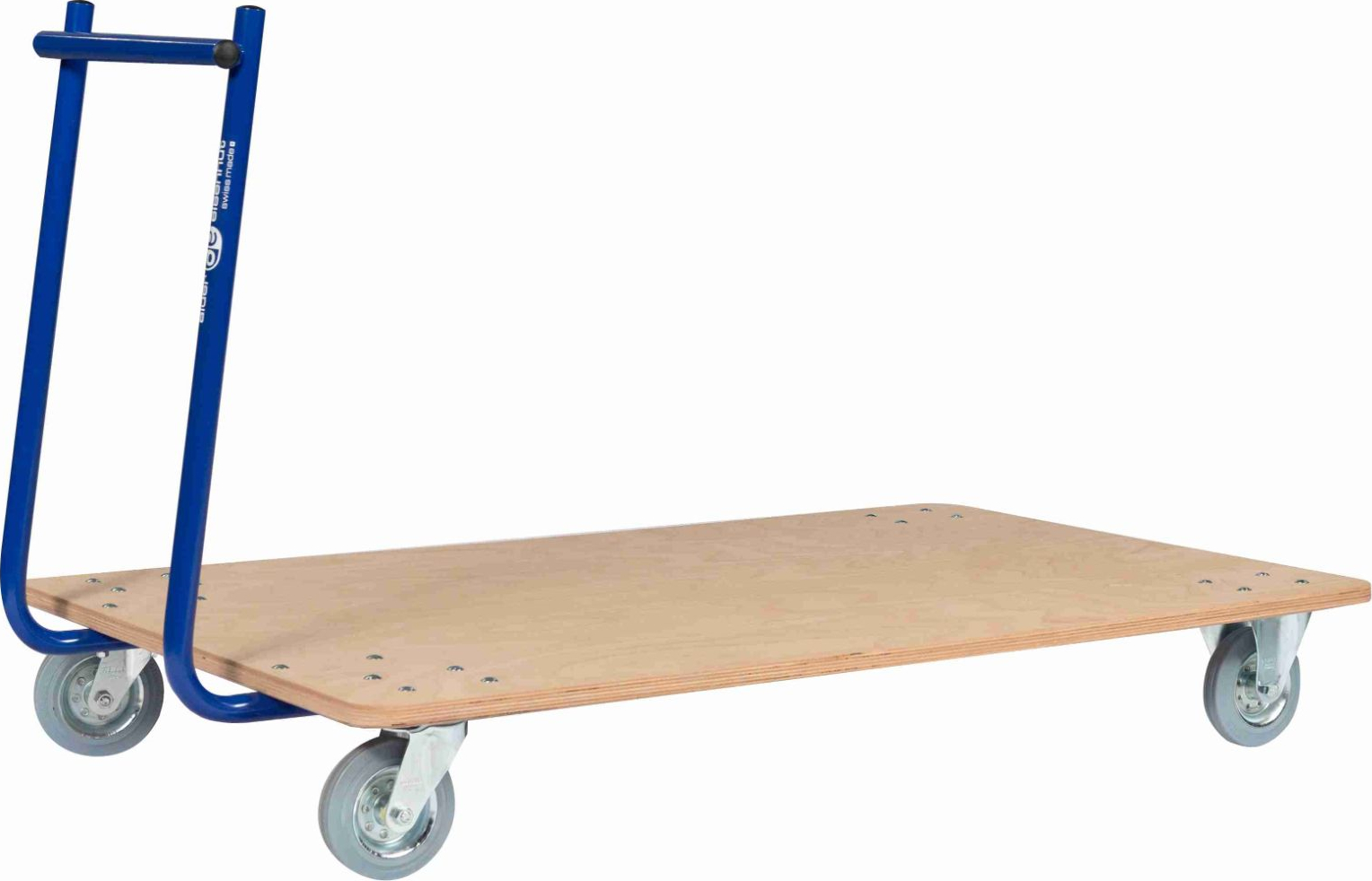 Ein Plattformwagen mit Holzplattform und vier Rollen, ausgestattet mit blauen Griffen für einfachen Transport.