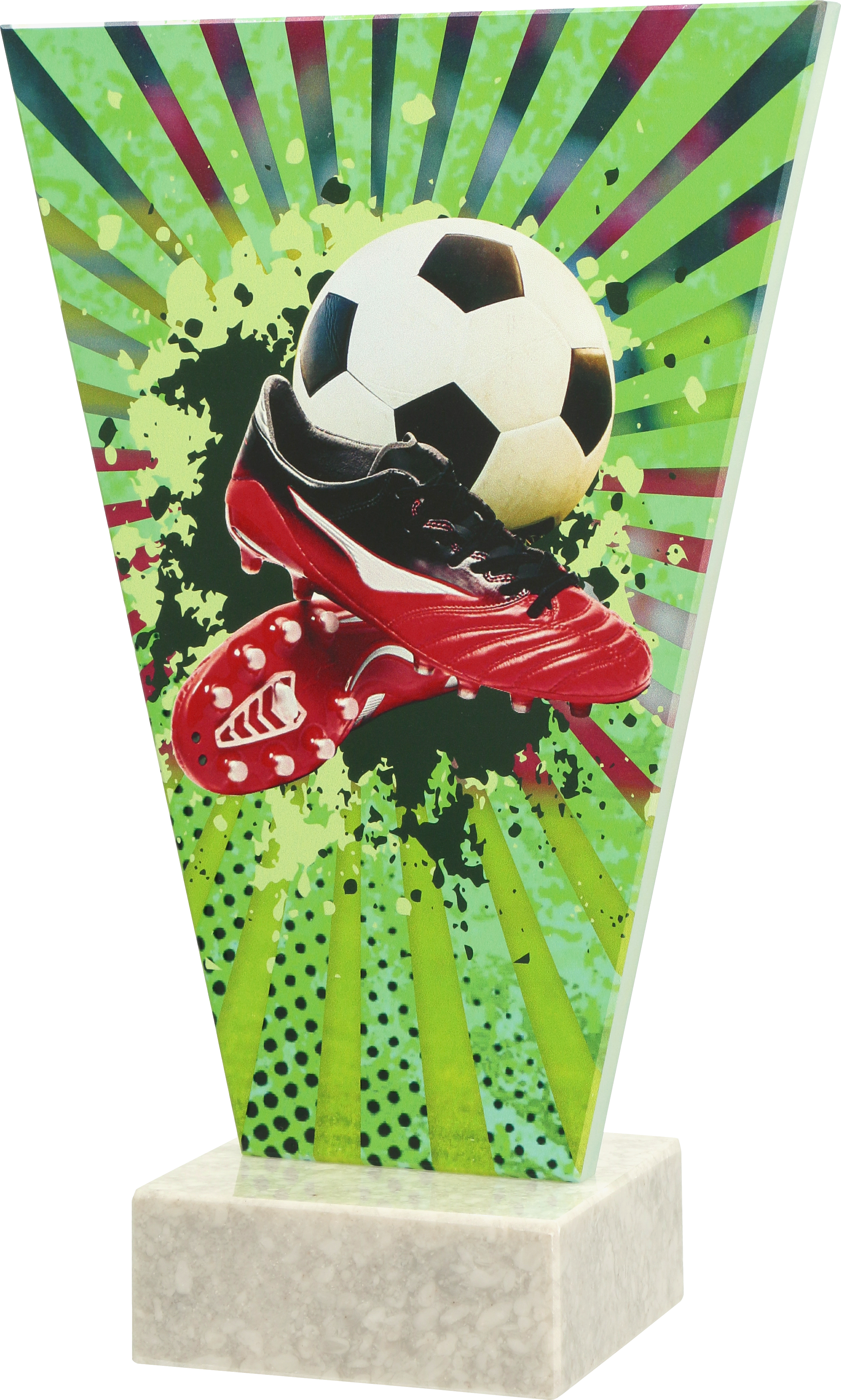 Dekorative Fußball-Trophäe mit rotem Sportschuh und Ball vor grünem, dynamischem Hintergrund auf Marmorsockel
