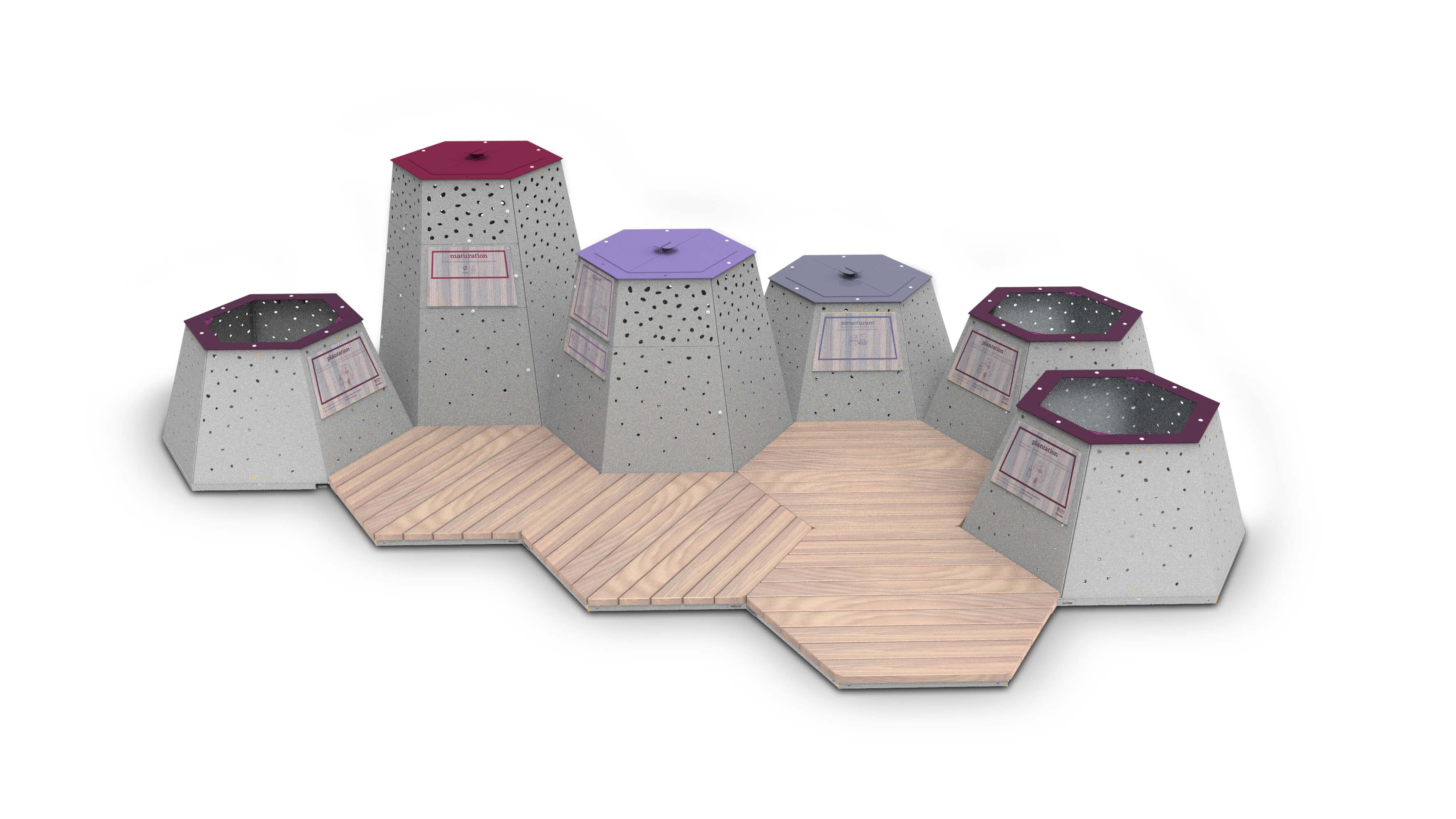 Modularer Kletterturm mit Holzplattformen und farbigen Kappen