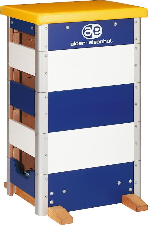 Barren mit blauen und weißen Streifen, gelber Sitzfläche, geeignet für Turnübungen