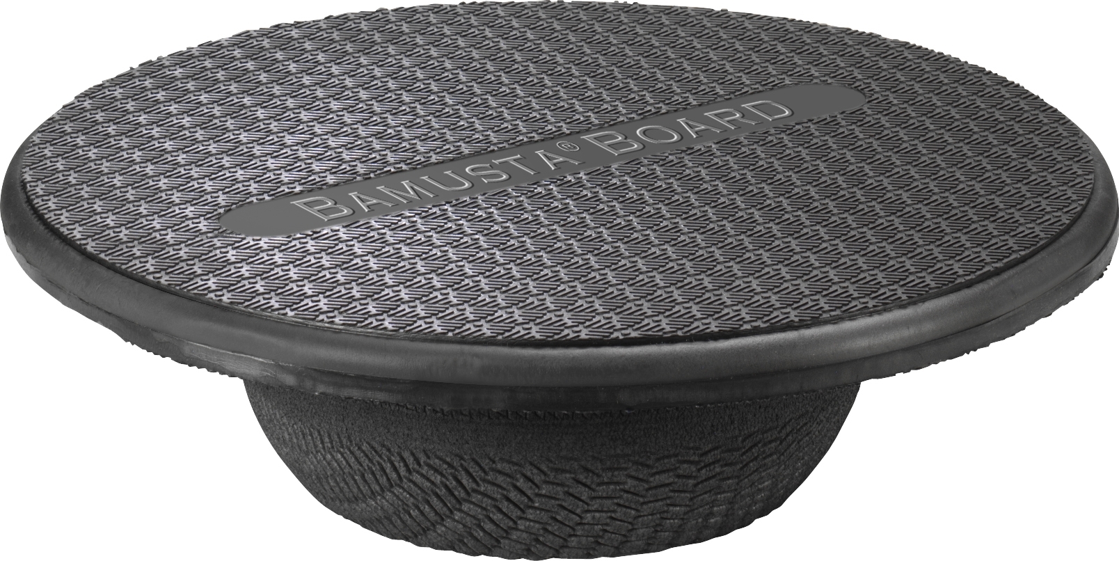 Schwarzes Balance Board mit strukturierter Oberfläche und runder Basis für Fitnessübungen