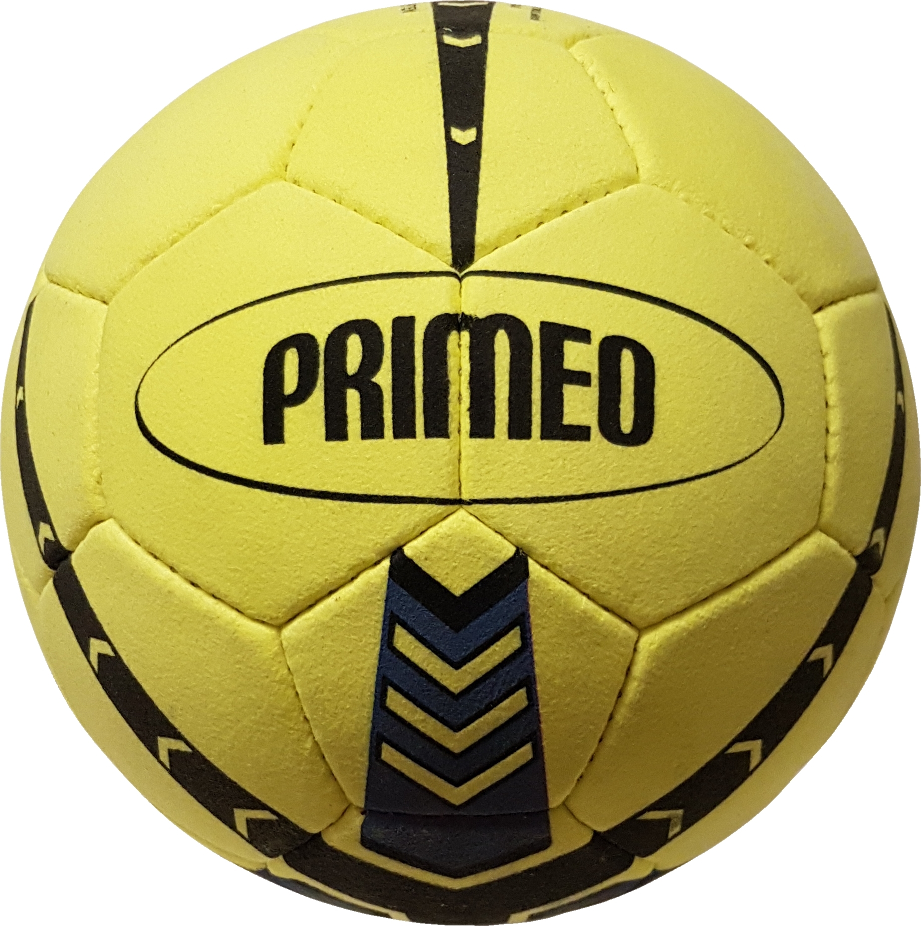 Ein gelber Handball mit schwarzem "PRIMEO"-Logo, geeignet für sportliche Aktivitäten auf jedem Niveau.