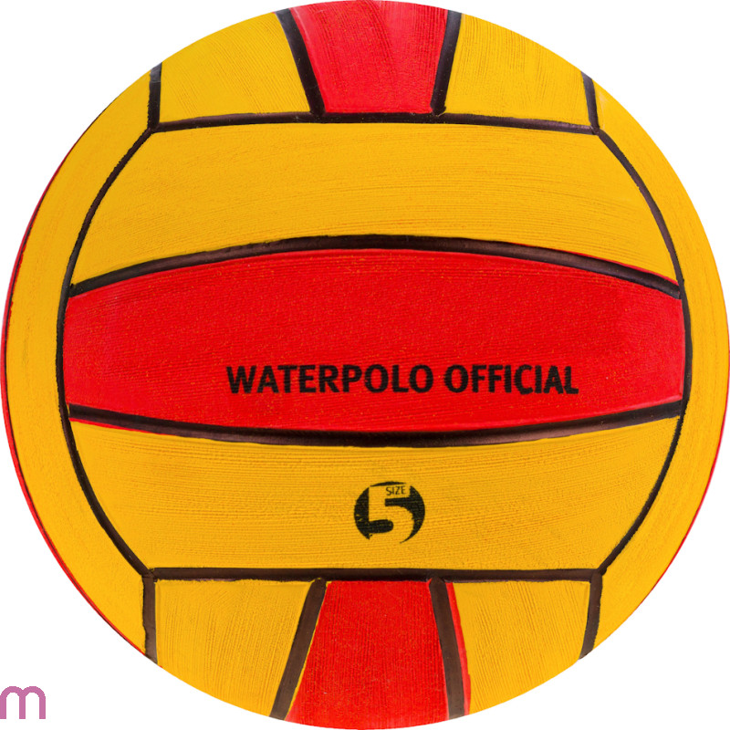 Offizieller Wasserball in leuchtenden Rot- und Gelbtönen mit Schriftzug 'WATERPOLO OFFICIAL'.