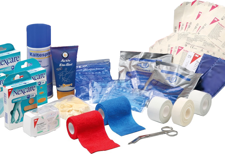 Erste-Hilfe-Set mit Pflastern, Verbänden, Kühlpacks, Kältespray und Schere