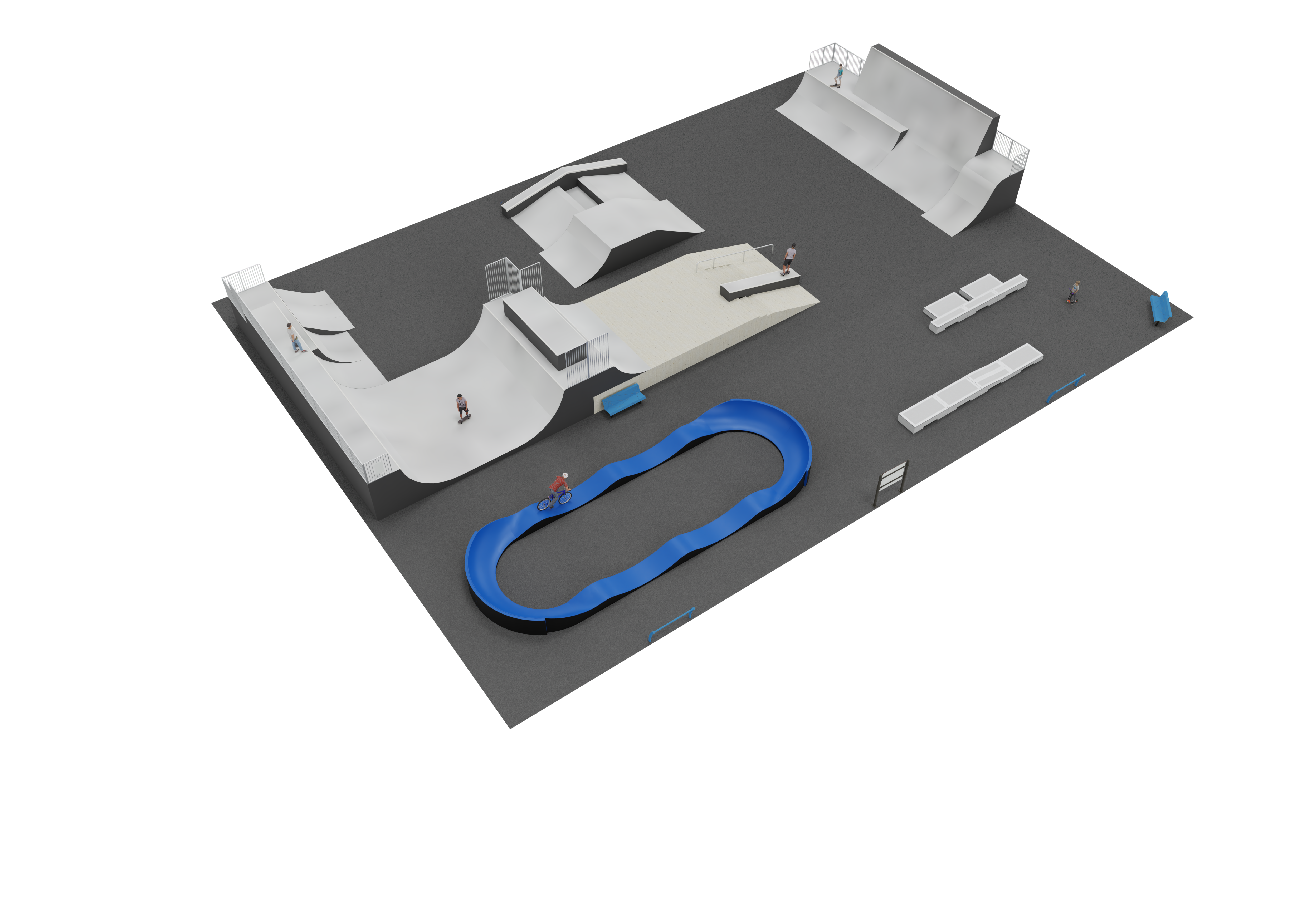 Visualisierung eines Skateparks mit Halfpipes, Rampen und einem blauen Pumptrack für Skateboards und Fahrräder.