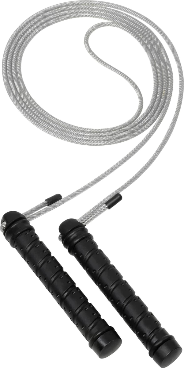 Ein graues Springseil mit schwarzen Griffen, ideal für Cardio-Workouts