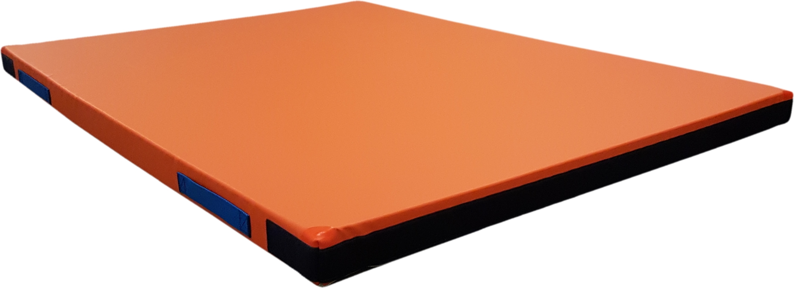 Seitliche Ansicht einer orangen Schaumstoffmatte mit blauen Griffen
