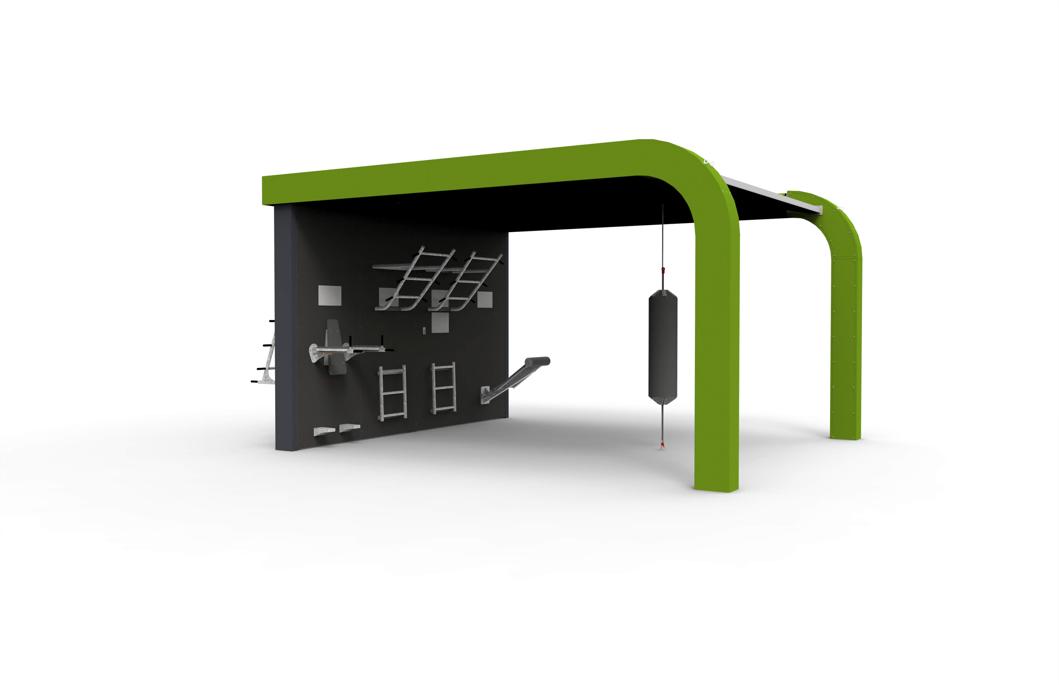 Eine grüne modulare Kletterwand mit integriertem Boxsack, ideal für vielseitiges Kraft- und Fitness-Training.