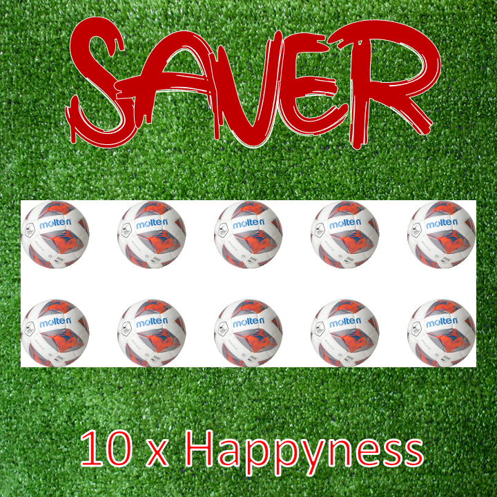 Zehn Molten-Fußbälle auf grünem Rasen mit rotem Schriftzug Saver und Text 10 x Happyness