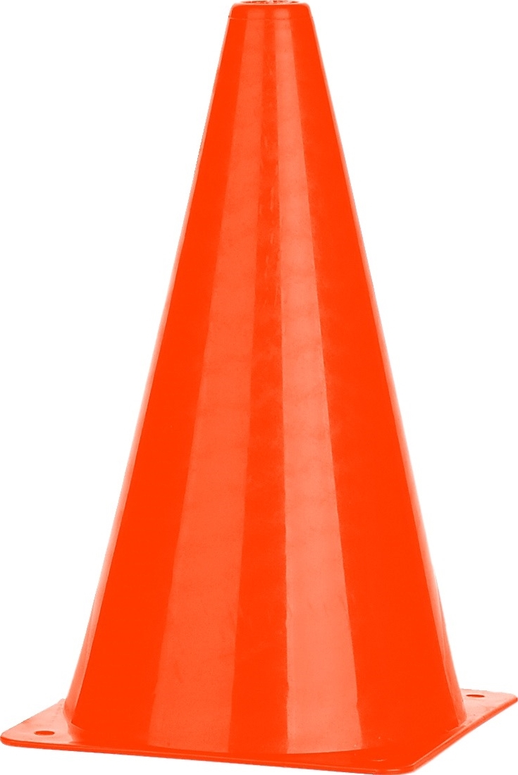 Ein einzelner, leuchtend orangefarbener Verkehrskegel aus stabilem Kunststoff, der auf das Bild ausgerichtet ist.