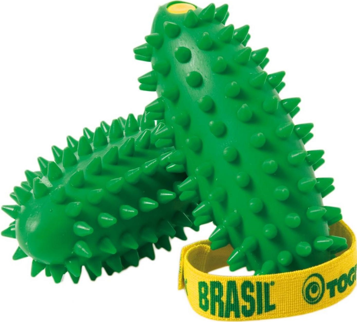 Grüner stacheliger Igelball mit gelbem Brasil-Armband, ideal für Massage und Fitnessübungen