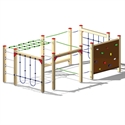 Holz-Klettergerüst mit verschiedenen Seilen und einer bunten Kletterwand für Kinder