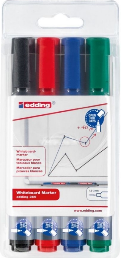 Packung mit vier Edding Whiteboard Markern in den Farben Schwarz, Rot, Blau und Grün