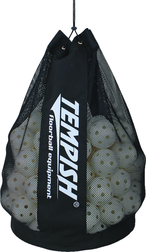 Schwarze TEMPSH Floorball Balltasche mit Netzgewebe, gefüllt mit Floorballbällen