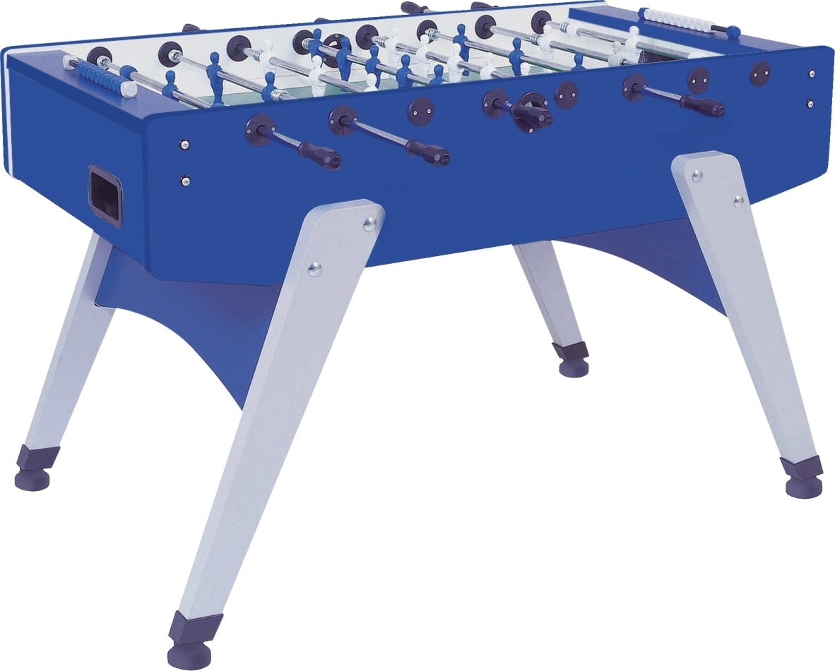 Blauer Tischkicker mit weißen und blauen Spielfiguren auf einem grünen Spielfeld