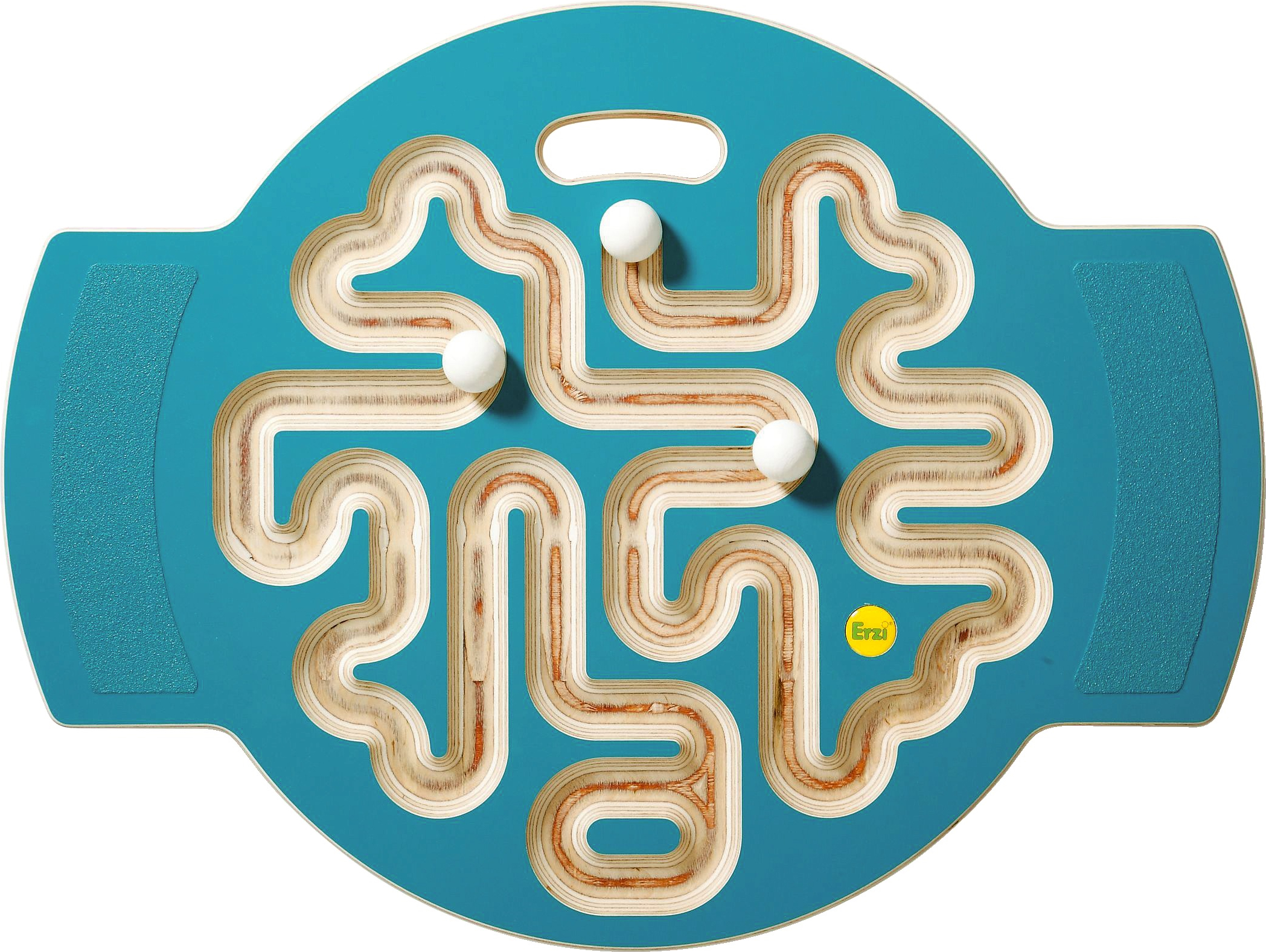 Ein rundes, blaues Holz-Labyrinth-Spiel mit geschwungenen Bahnen und weißen Kugeln. Ideal für Geschicklichkeitstraining.