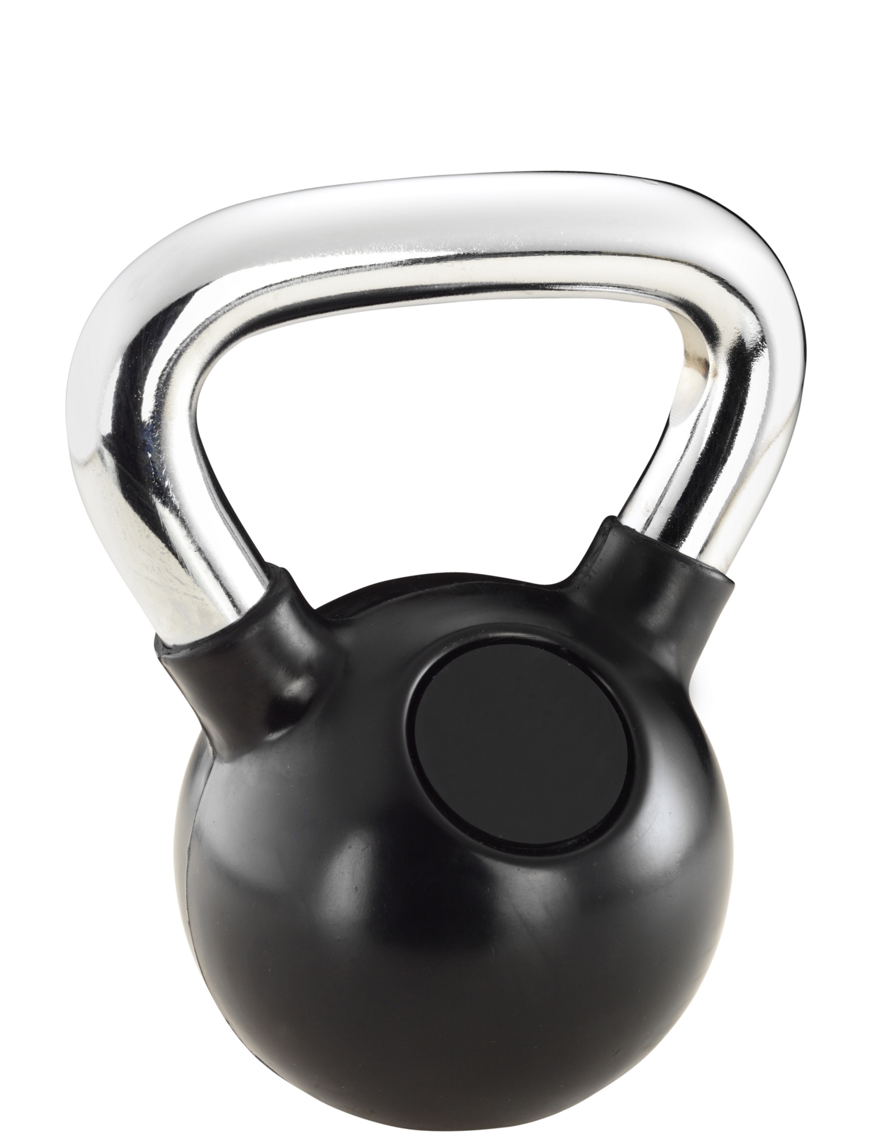 Schwarze Kettlebell mit verchromtem Griff, ideal für Fitnessübungen und Krafttraining