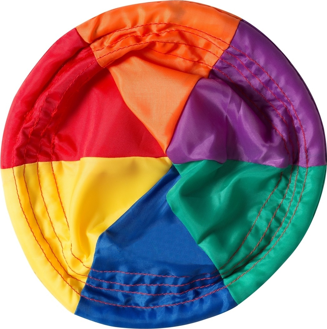 Ein runder, bunter Wurfball in leuchtenden Farben wie Rot, Orange, Gelb, Grün, Blau und Lila, ideal für Kinder und Freizeitspiele.