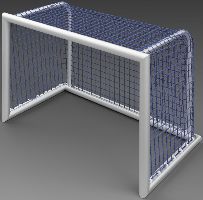 Abbildung eines kleinen Fußballtors mit einem blauen Netz auf grauem Hintergrund
