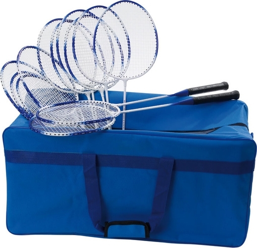 Mehrere Badmintonschläger in einer blauen Tragetasche arrangiert