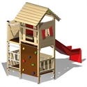 Holzspielplatz mit Rutsche, Kletterwand und Holzdach