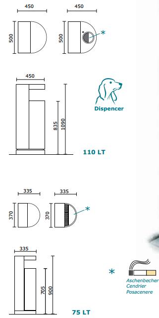 Technische Zeichnungen mit Maßen für einen 110 LT Dispenser mit Hundesymbol und einen 75 LT Aschenbecher.
