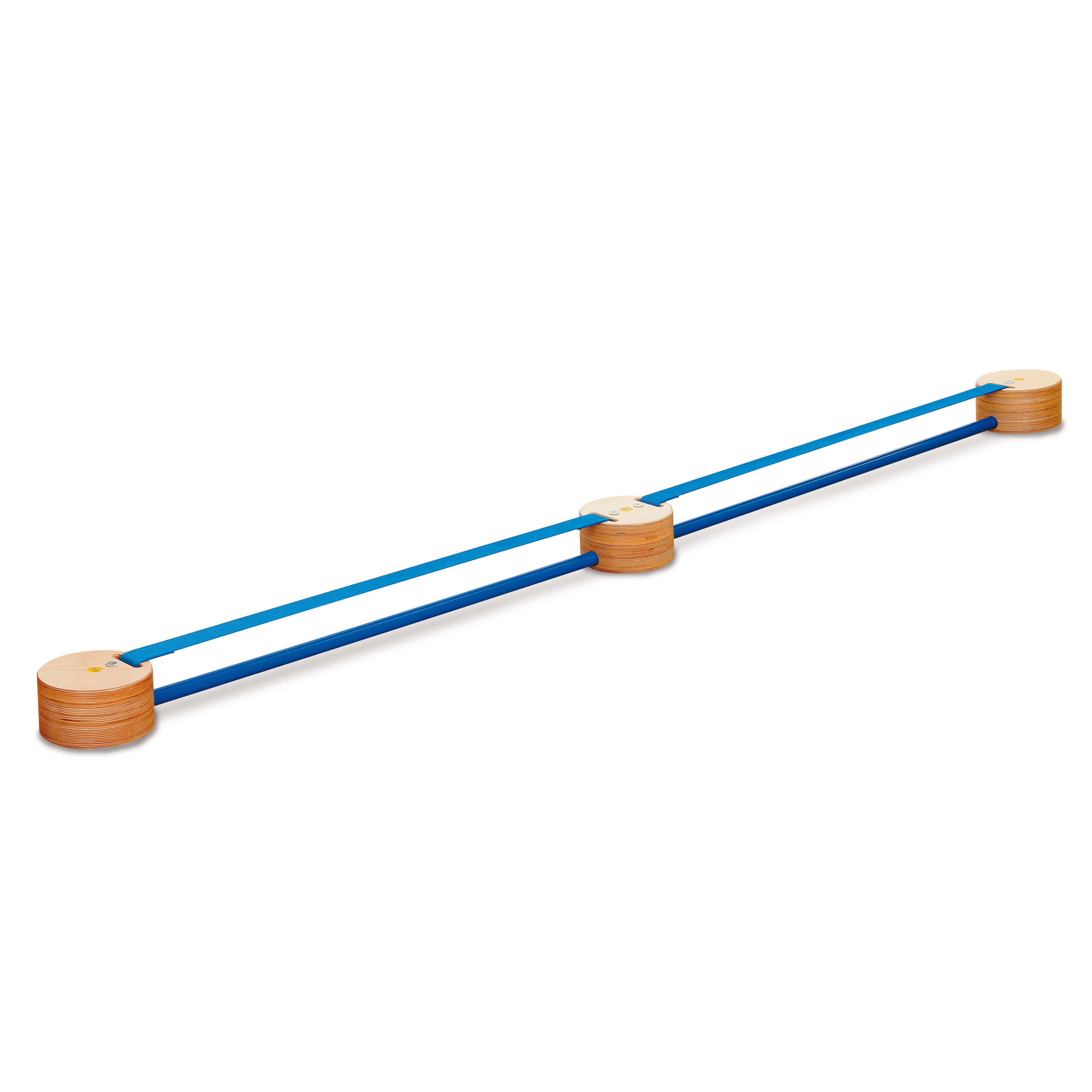 Langes Balancierbalken Set in Blau mit holzfarbenen Enden für Gleichgewichtsübungen