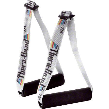 Ein Paar Thera-Band Fitness Griffe mit Schaumstoffpolsterung für komfortable Widerstandsübungen.
