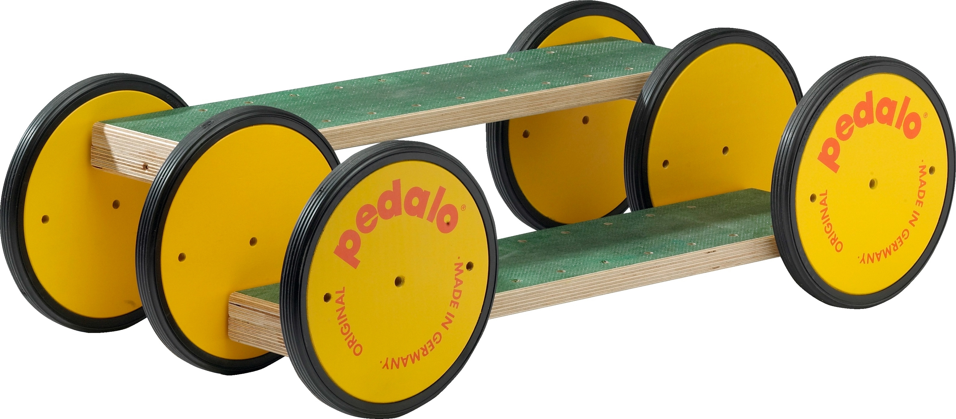 Pedalo Balanciergerät mit vier gelben Rädern und zwei grünen Plattformen