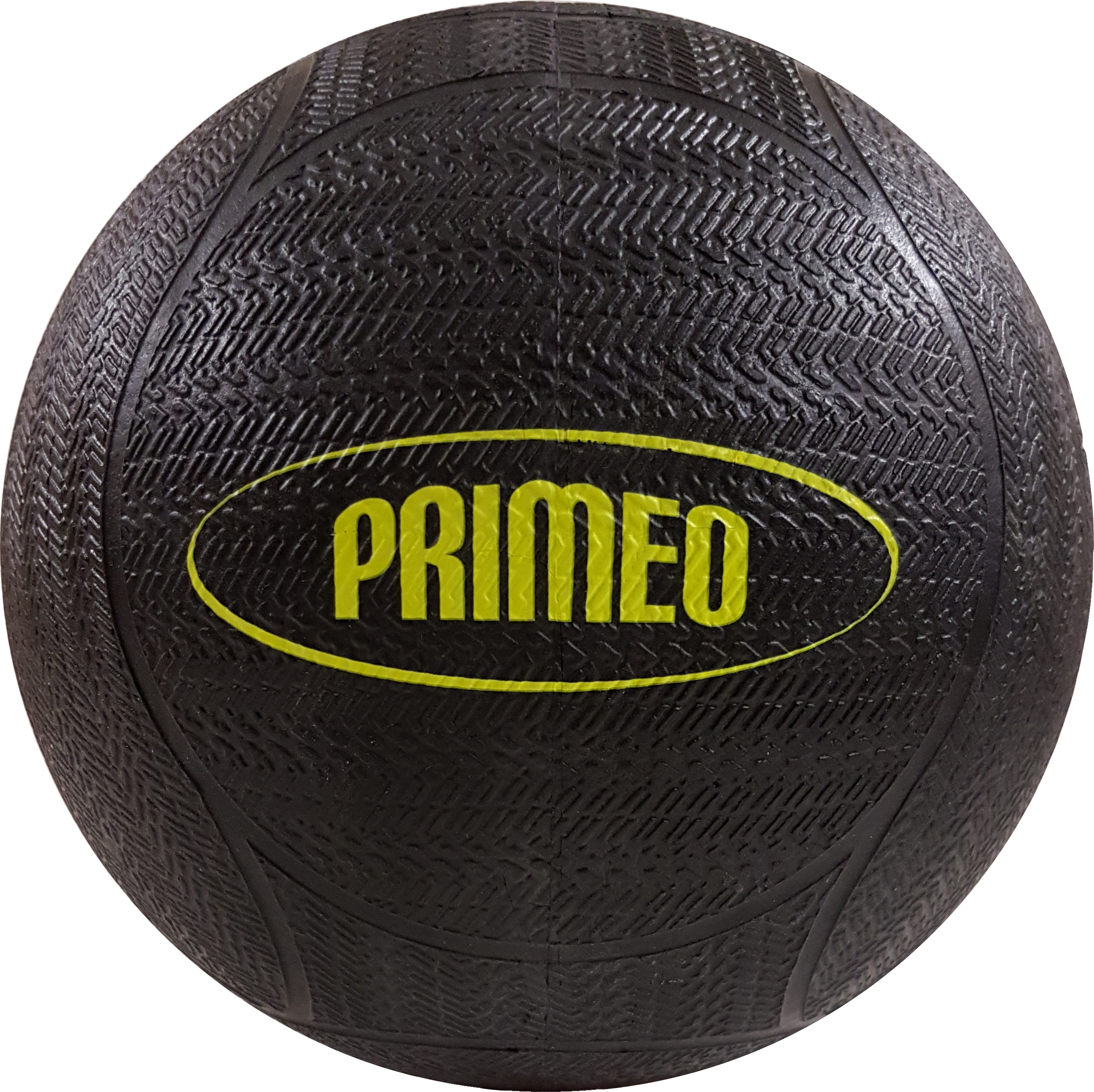 Schwarzer Basketball der Marke Primeo mit gelbem Logo in Nahaufnahme