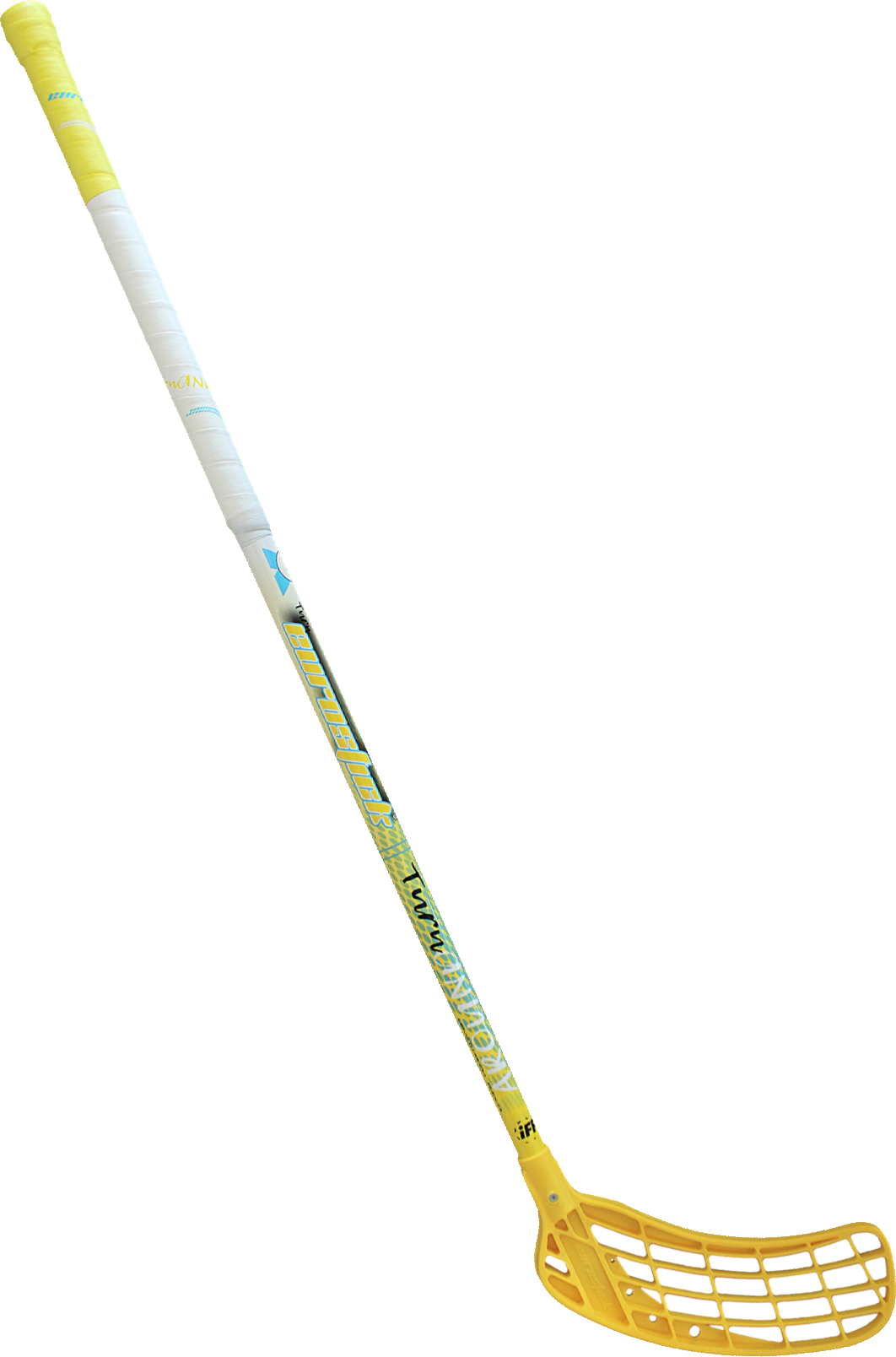Ein Floorballschläger mit einer gelben Kelle und einem weiß-gelben Schaft, ideal für schnelle Spielzüge.
