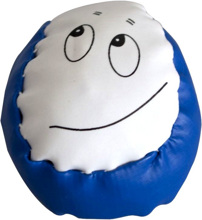 Runder Stressball in Blau und Weiß mit aufgedrucktem Gesichtsausdruck zur Stressreduktion