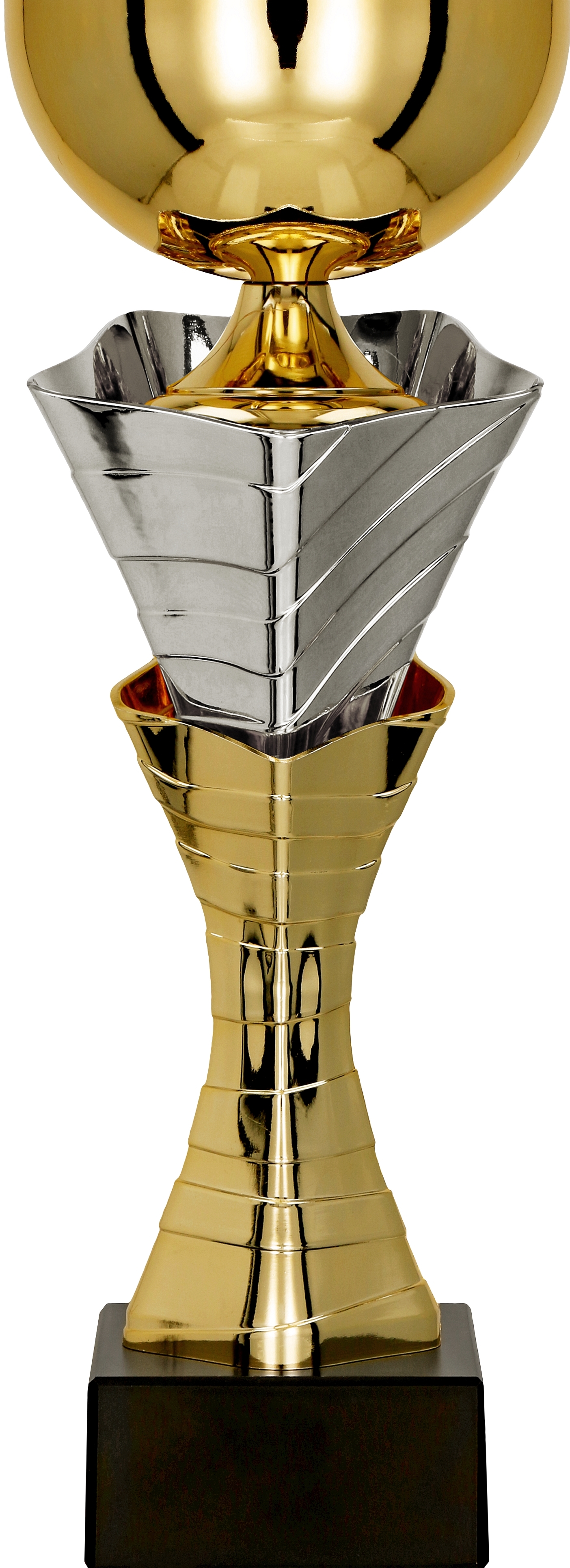 Ein eleganter Pokal in Gold und Silber mit einem schwarzen Sockel, ideal für Wettbewerbsgewinne oder Auszeichnungen.