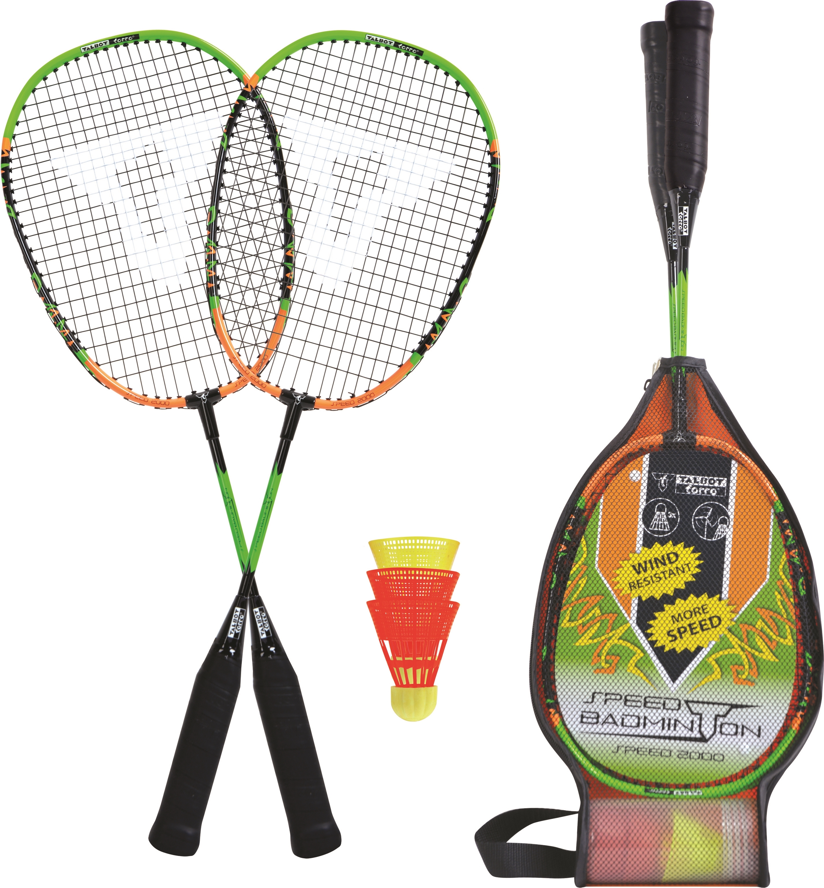 Speed Badminton Set bestehend aus zwei Schlägern, drei Federbällen und einer Tasche