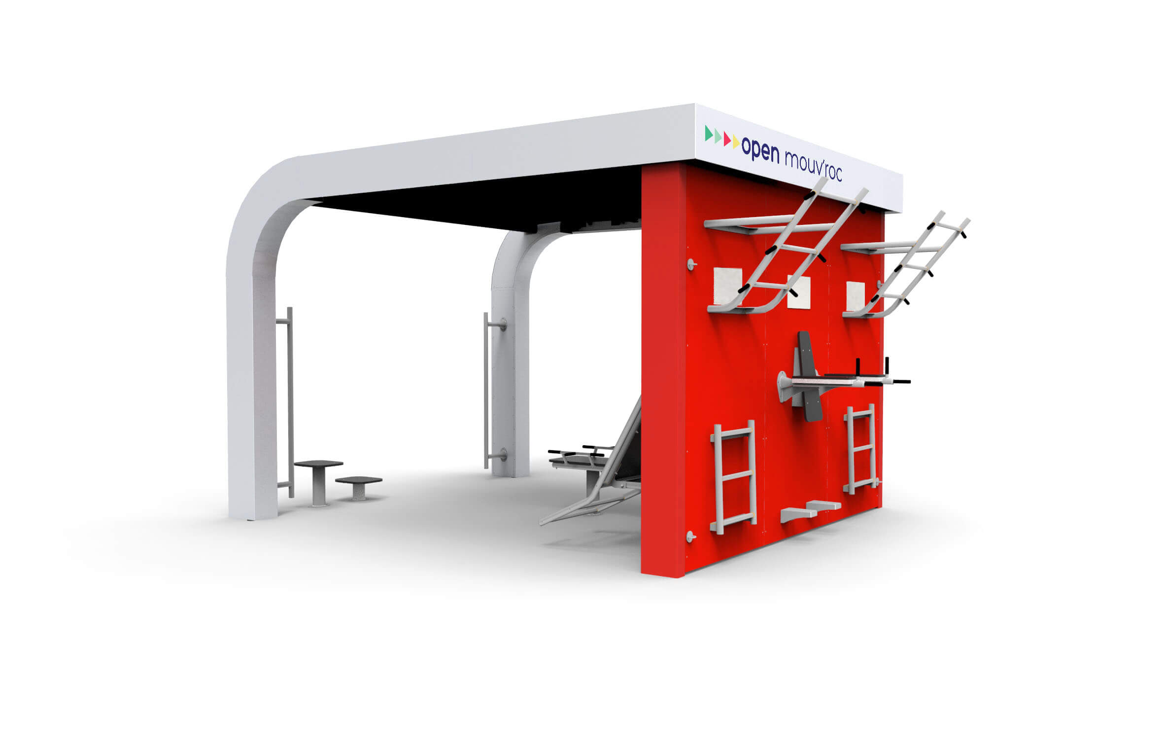 3D-Darstellung einer Outdoor Fitnessstation mit roten Kletter- und Gymnastikgeräten.