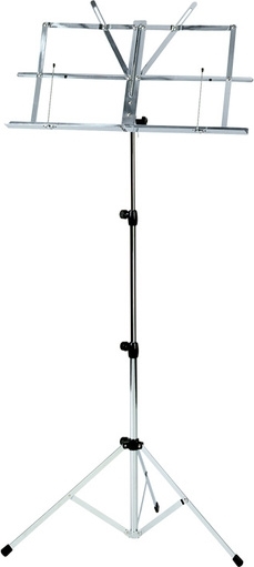 Silberner Notenständer aus Metall mit dreibeinigem Stativ, ideal für Musiker.
