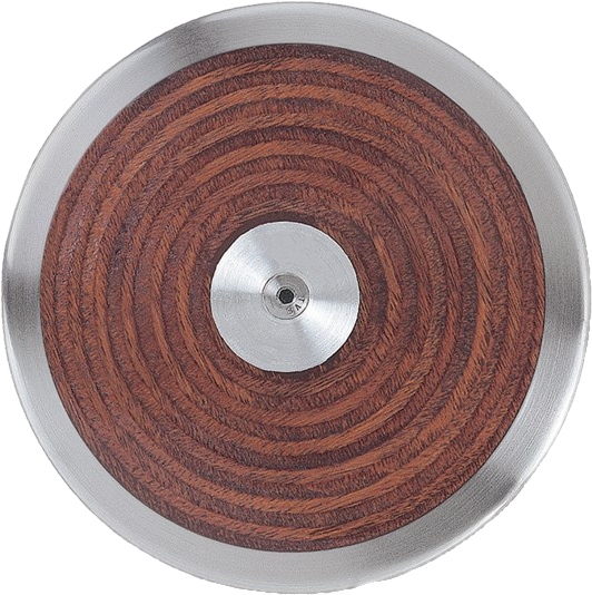 Runde Holzplatte mit spiralförmigem Muster und Metallrand
