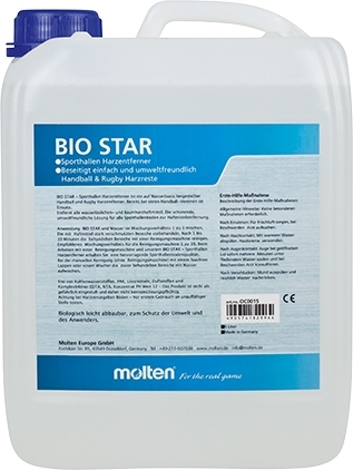 Ein 5-Liter-Kanister Molten Bio Star Sporthallen Harzentferner zur umweltfreundlichen Entfernung von Handball- und Rugby-Harzresten.