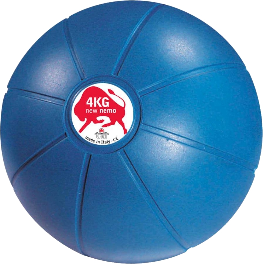 Blauer Medizinalball mit einem Gewicht von 4 kg, geeignet für verschiedene Fitnessübungen und hergestellt in Italien