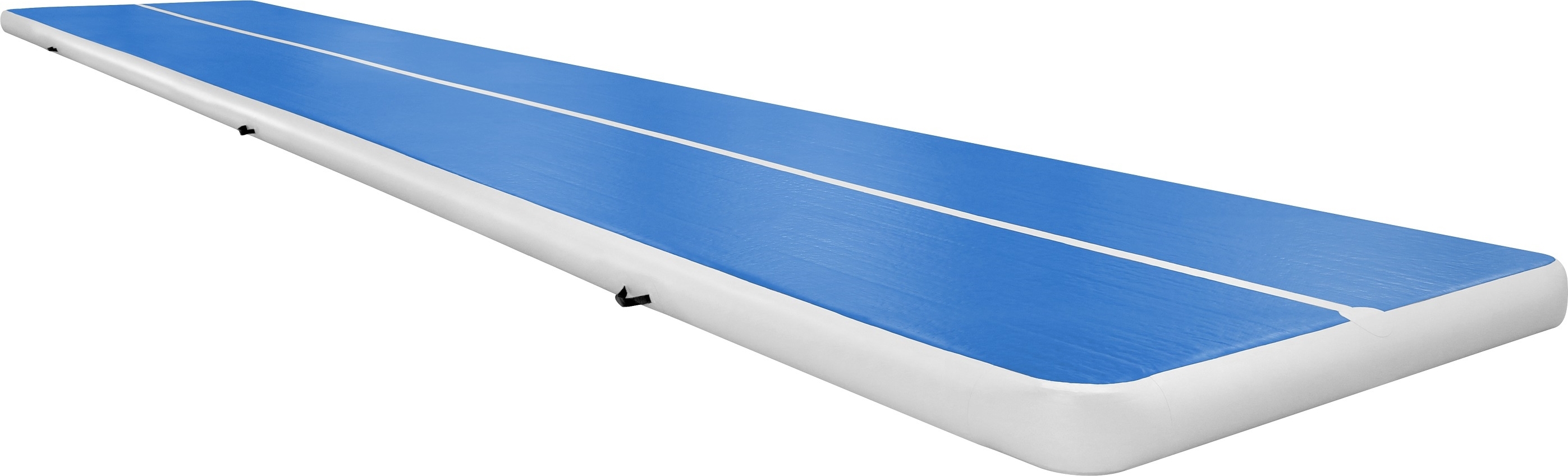 Lange blaue aufblasbare Gymnastikmatte mit weißen Streifen, ideal für Turn- und Fitnessübungen
