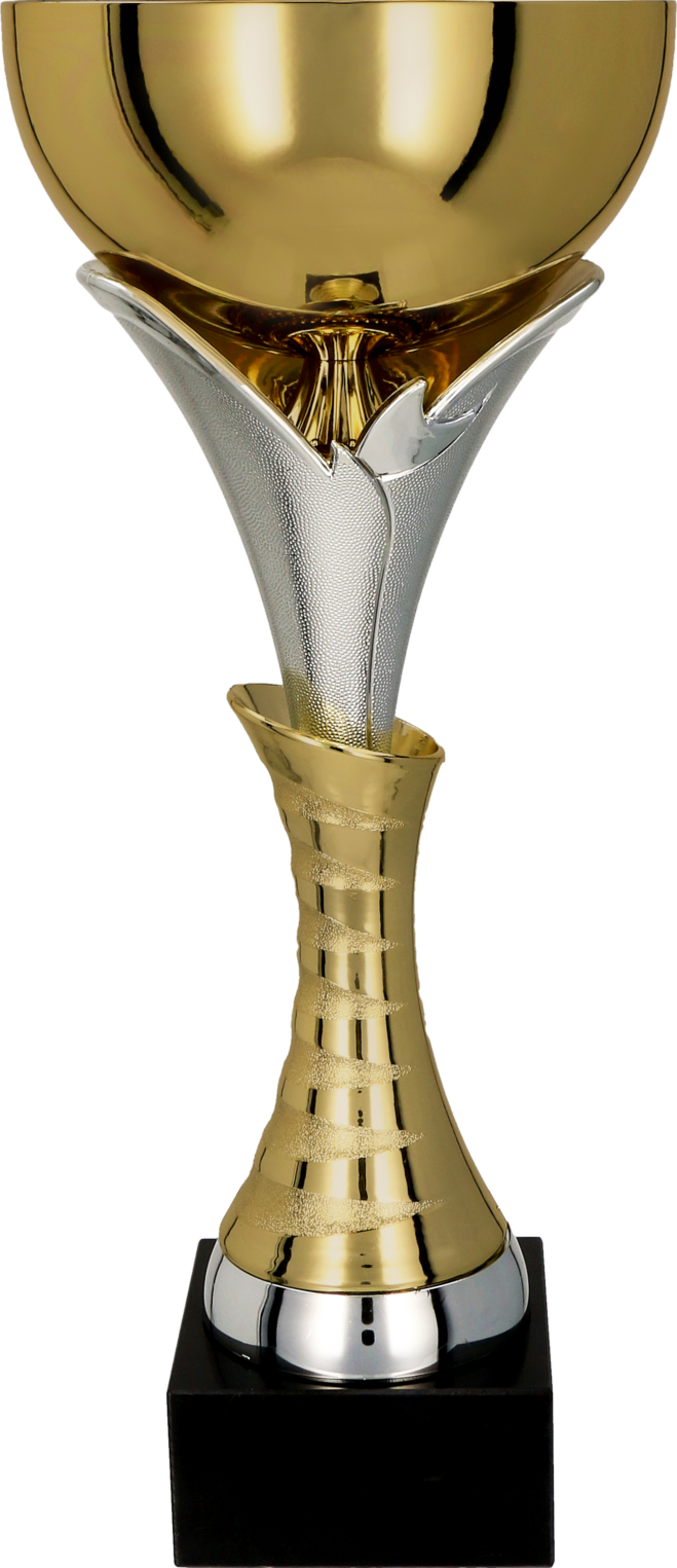 Goldener Pokal mit silbernem Sockel und schwarzer Basis