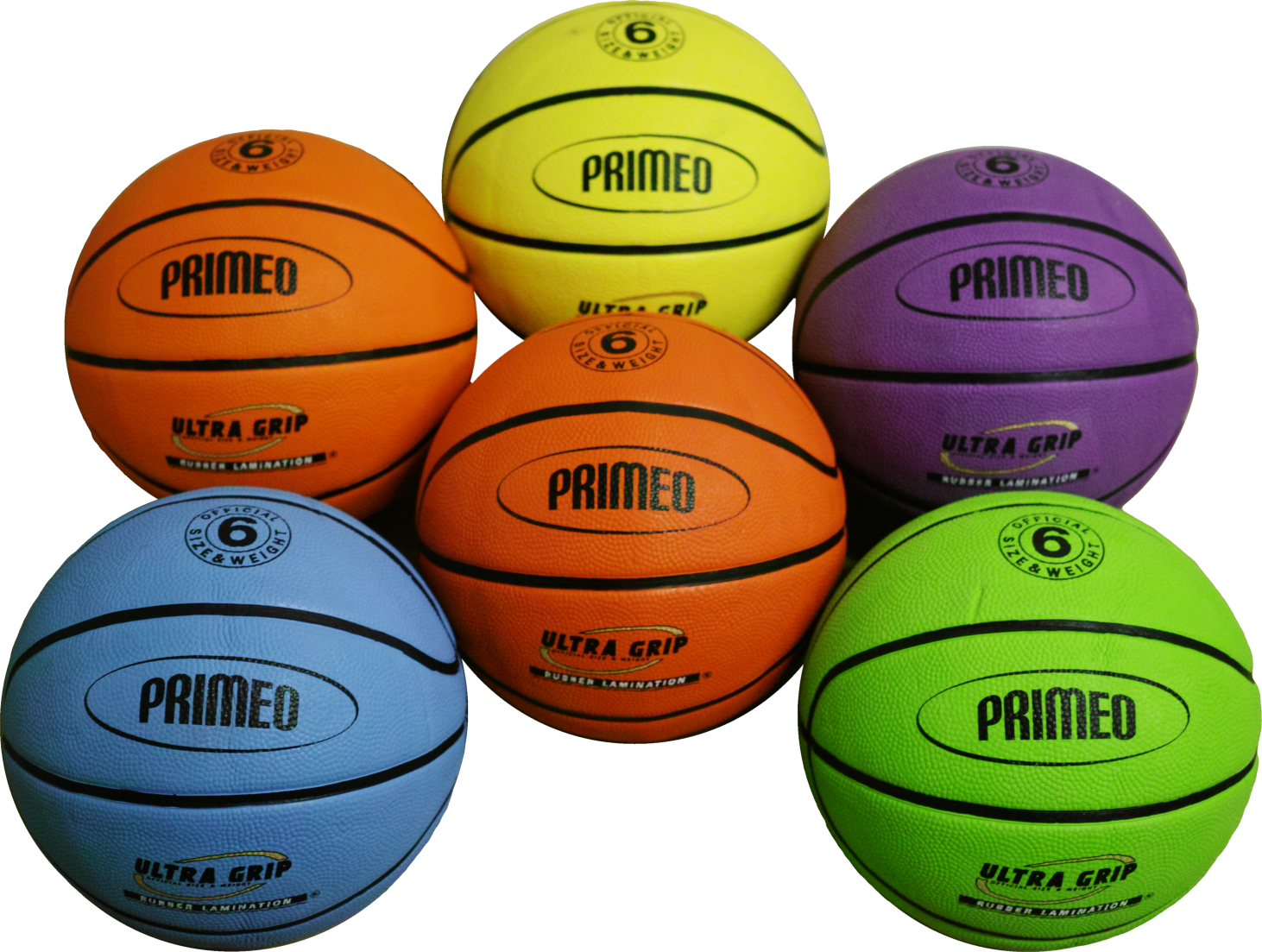 Sechs Primeo Basketbälle in den Farben Gelb, Orange, Lila, Blau und Grün mit Ultra Grip-Oberfläche