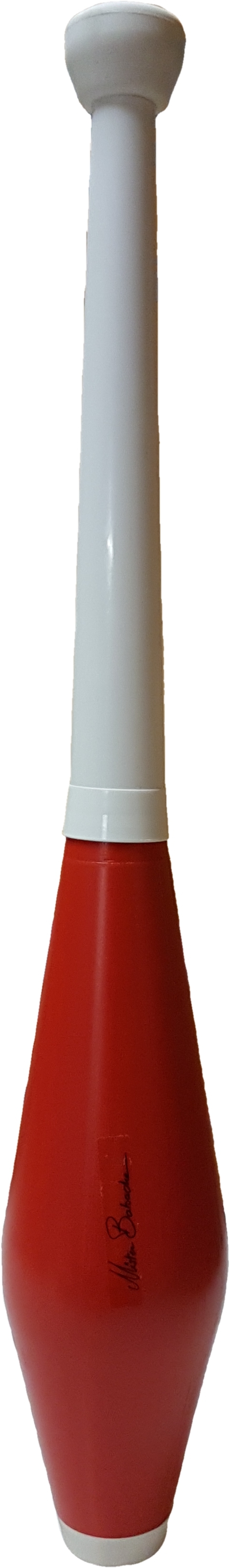 Jonglierkeule aus Kunststoff, rot mit weißem Griff, signiert auf dem roten Teil